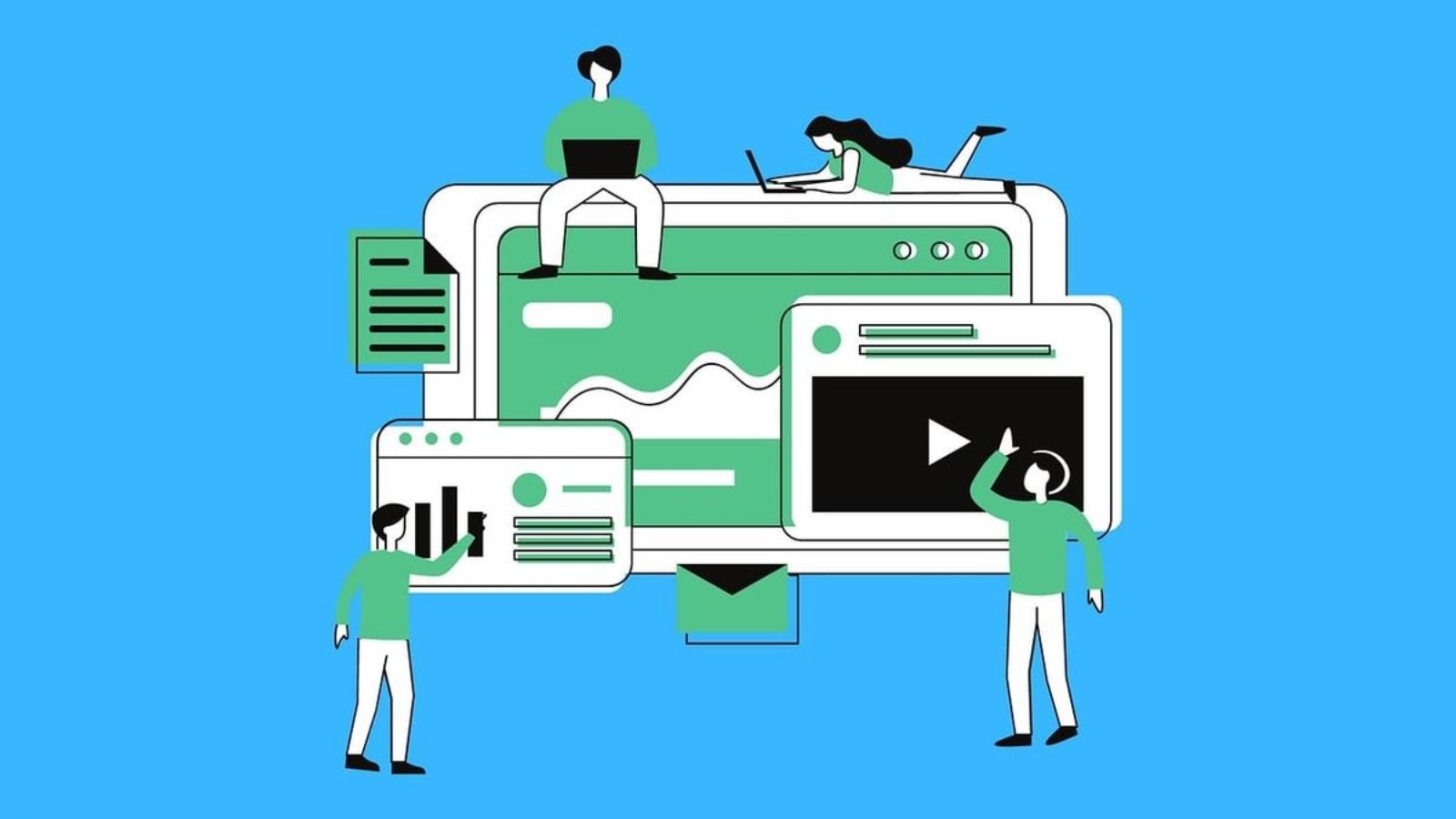 Flat illustration of people working across laptops and mobile devices connected to web pages