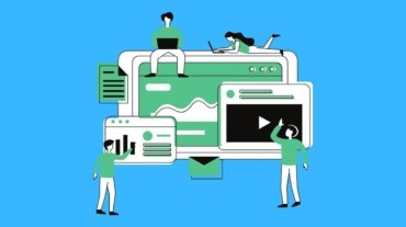 Flat illustration of people working across laptops and mobile devices connected to web pages