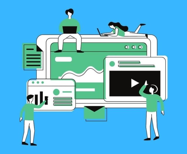 Flat illustration of people working across laptops and mobile devices connected to web pages
