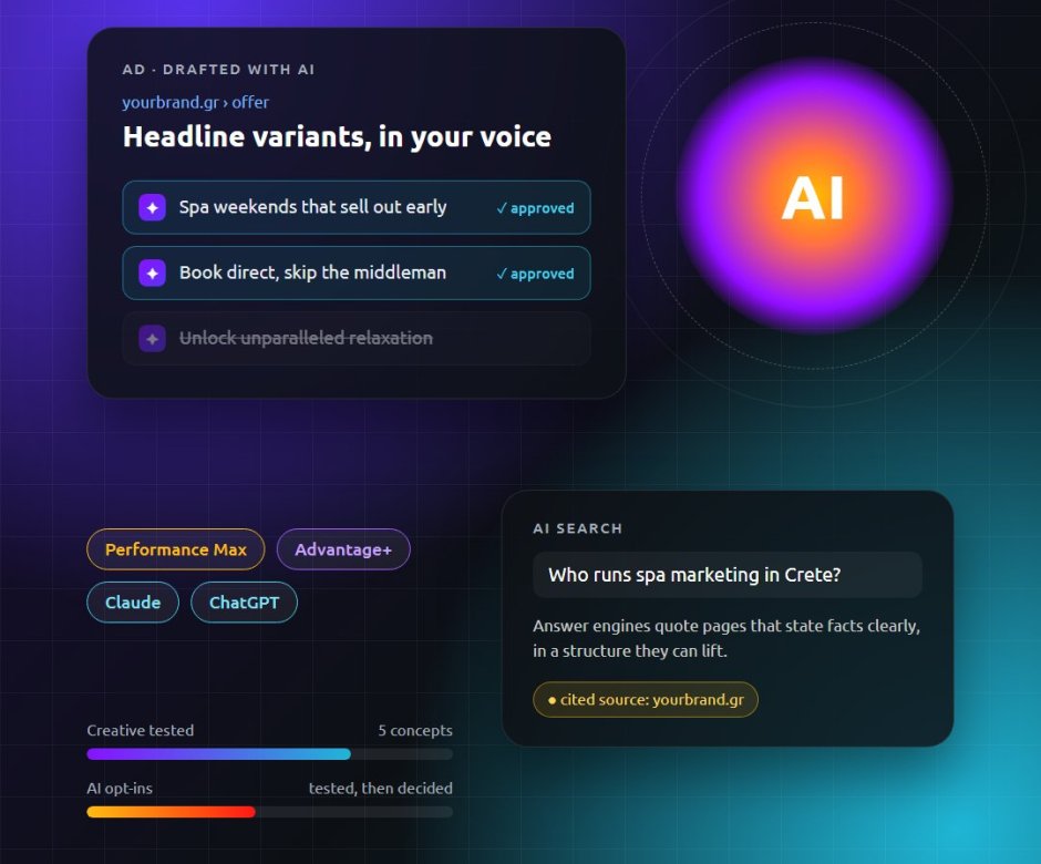 AI-drafted ad headlines approved by a person, next to an AI search answer citing the brand