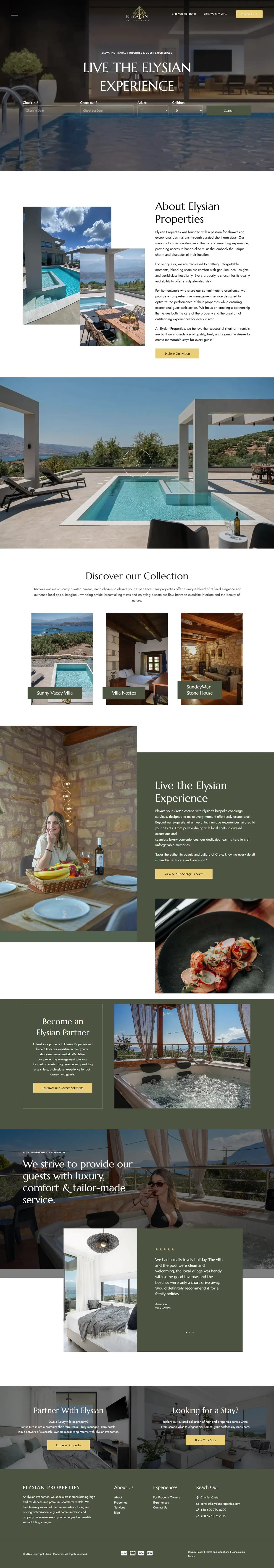 The full Elysian Properties homepage on desktop, from the availability search over the pool video down to the footer