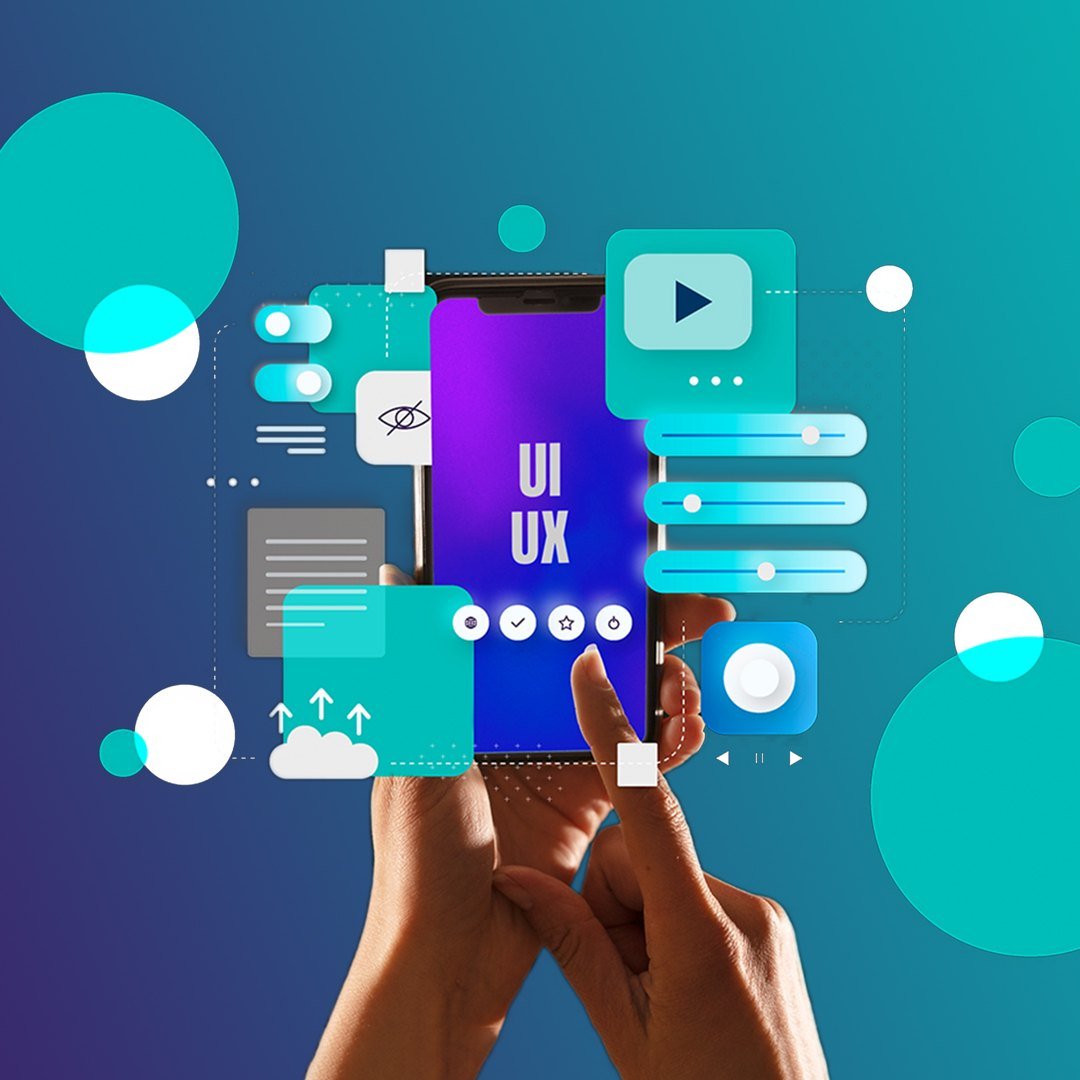 Hands holding a phone with UI and UX design elements floating around it